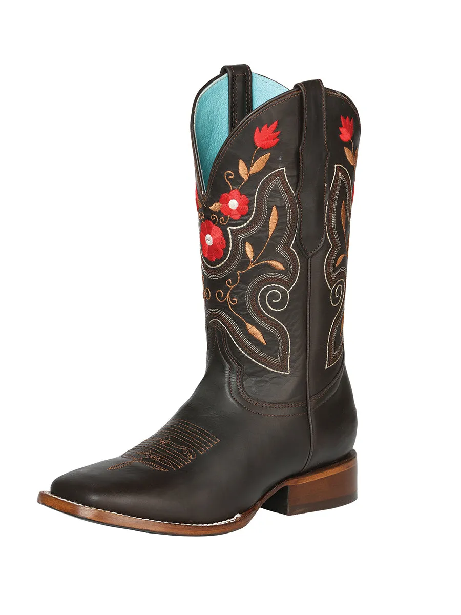 Botas Vaqueras Rodeo con Tubo Bordado de Flores de Piel Genuina para Mujer 'El General' - ID: 125369