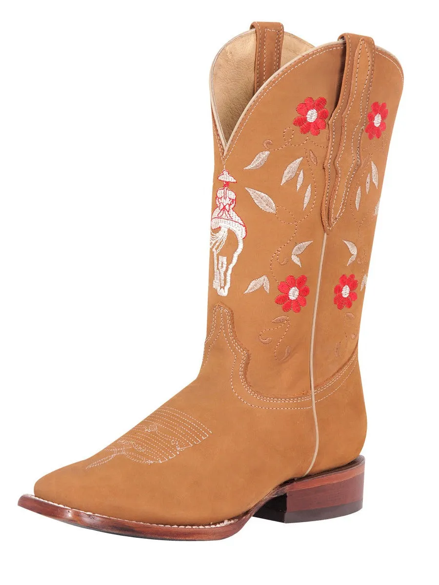 Botas Vaqueras Rodeo con Tubo Bordado de Flores de Piel Nobuck para Mujer 'El General' - ID: 42975