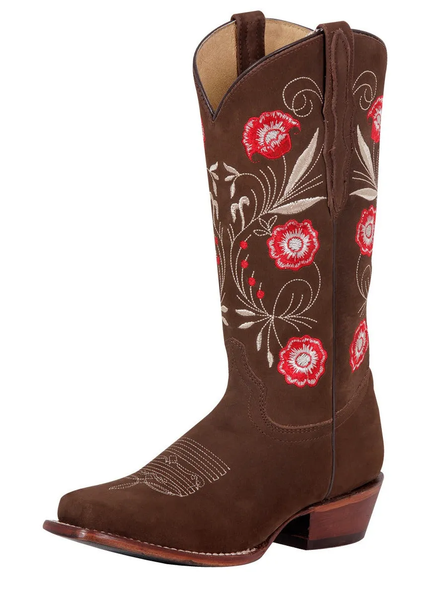 Botas Vaqueras Rodeo con Tubo Bordado de Flores de Piel Nobuck para Mujer 'El General' - ID: 42984