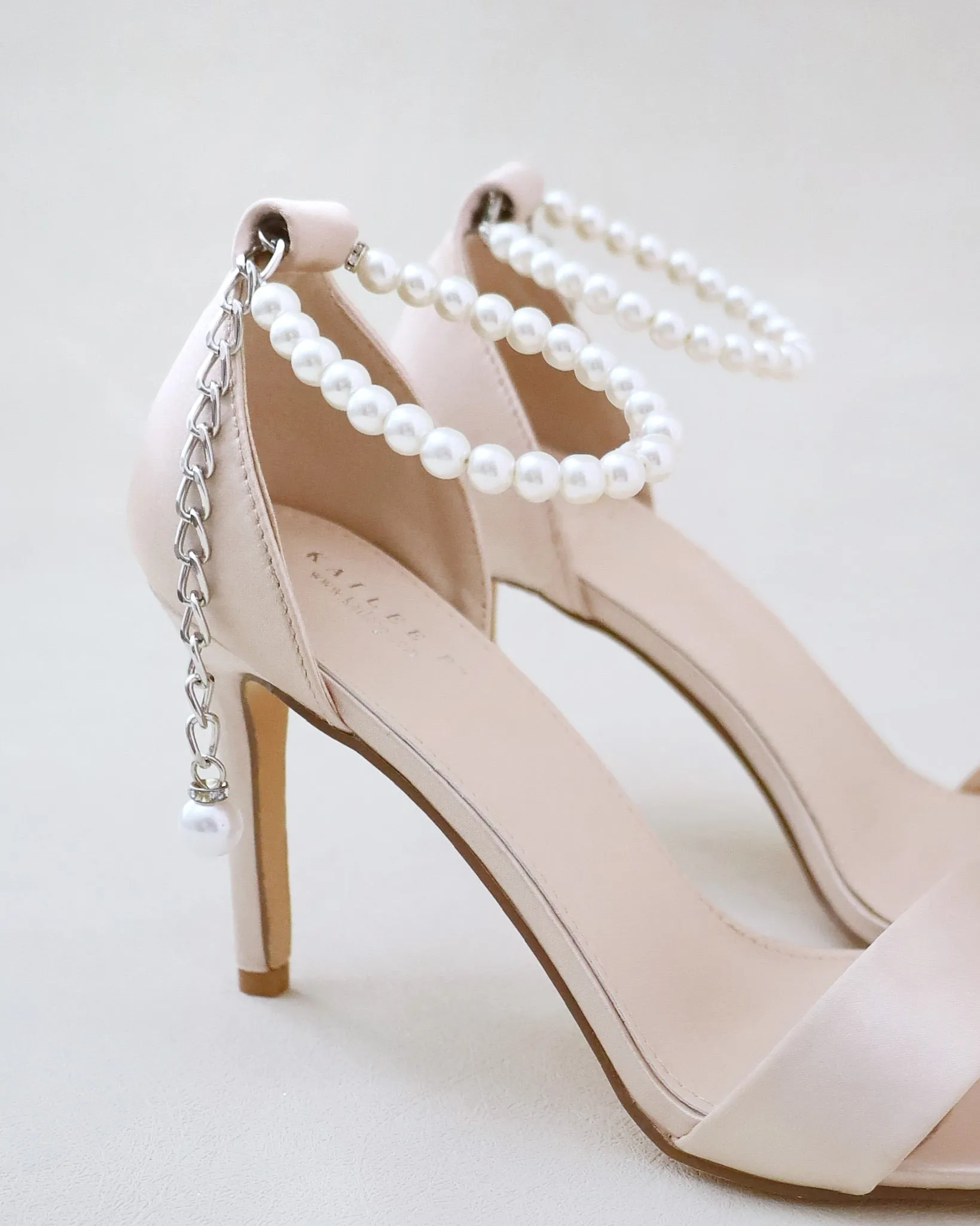 Champagne Satin High Heel Evening Sandals with Pearl Strap