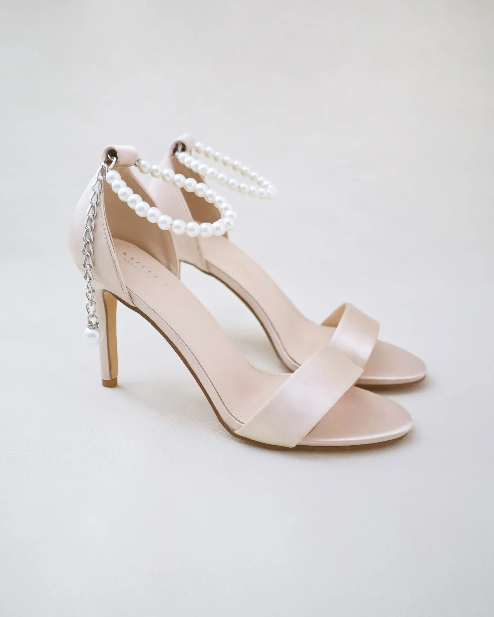 Champagne Satin High Heel Evening Sandals with Pearl Strap