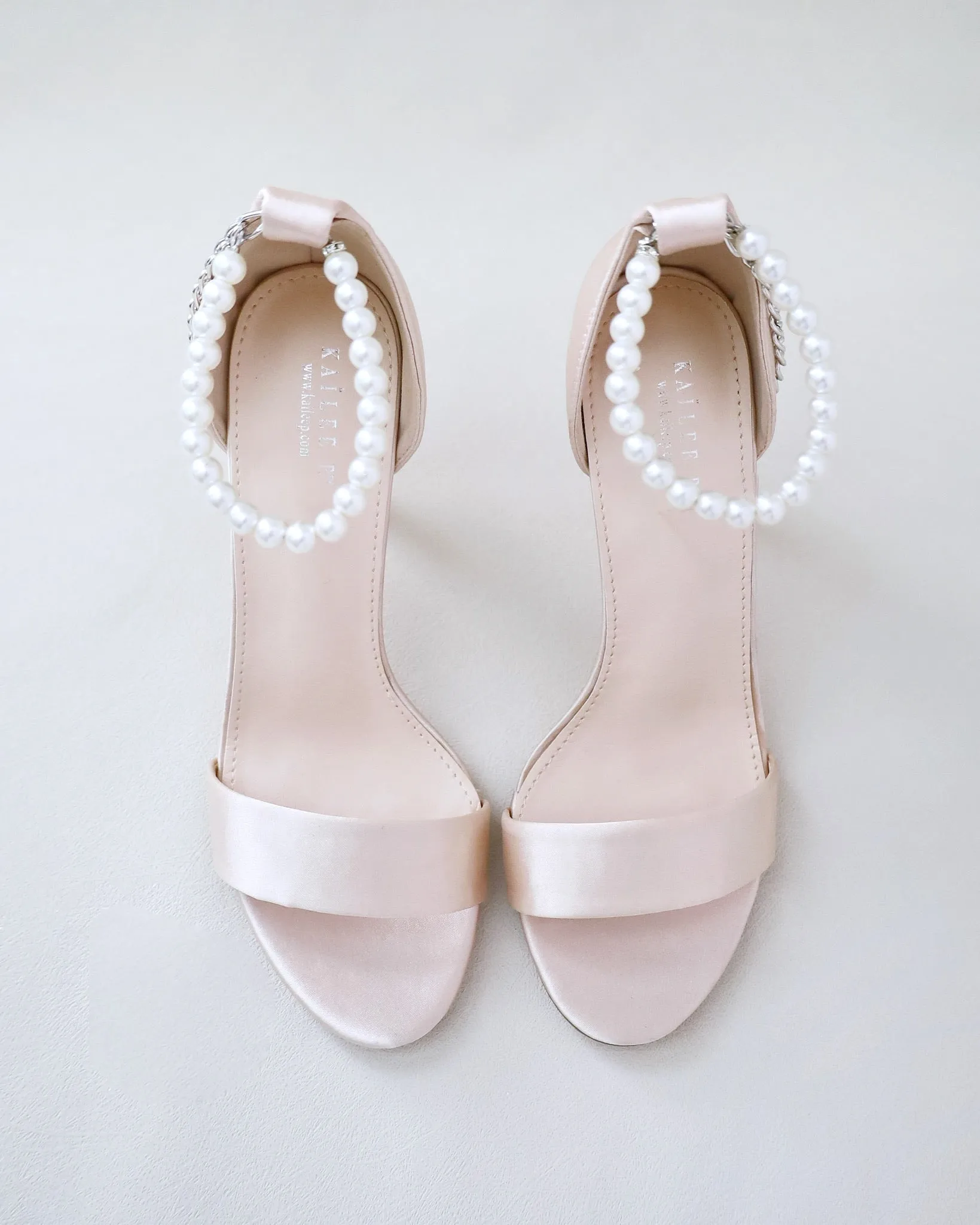 Champagne Satin High Heel Evening Sandals with Pearl Strap