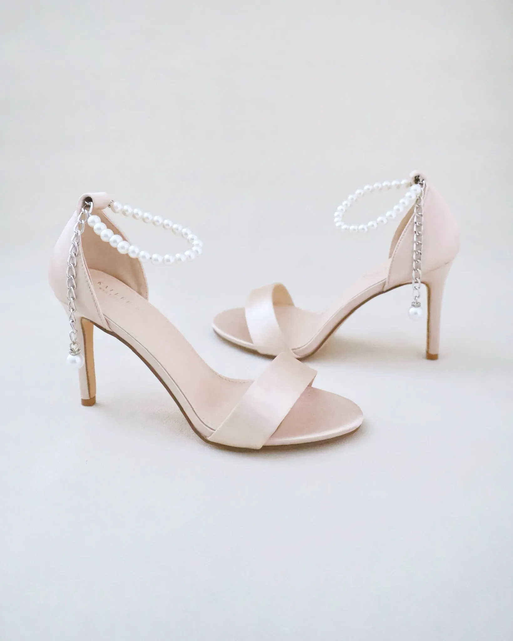 Champagne Satin High Heel Evening Sandals with Pearl Strap