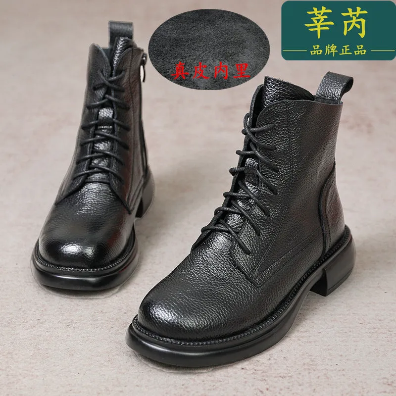 Cowhide British Style Martin Boots Women Round Toe Genuine Leather Winter Soft Short Shoes