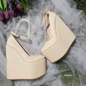 Cream Ankle Strap Wedding High Heel Platform Wedge Shoes