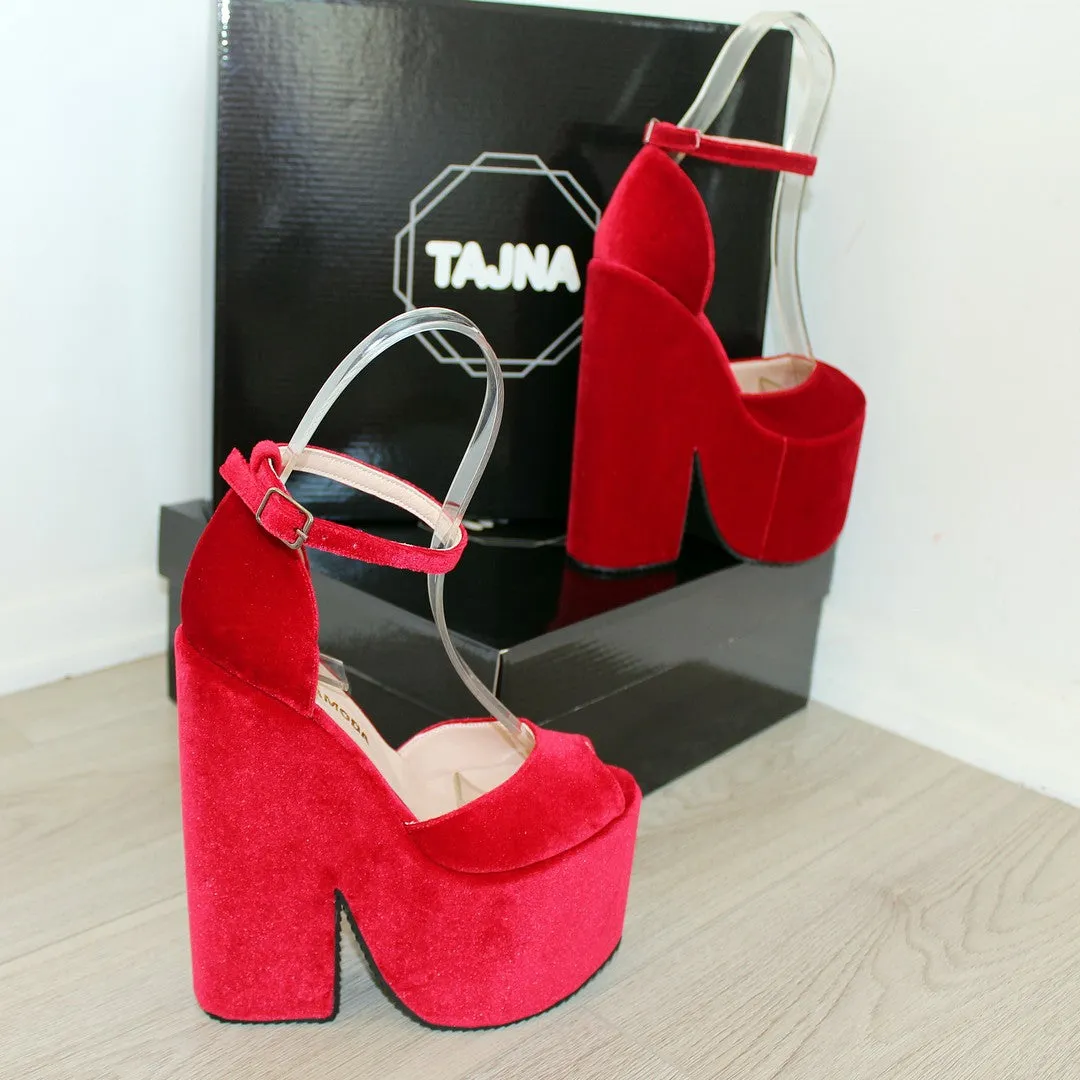 Dark Red Velvet High Heel Wedge Platform Shoes