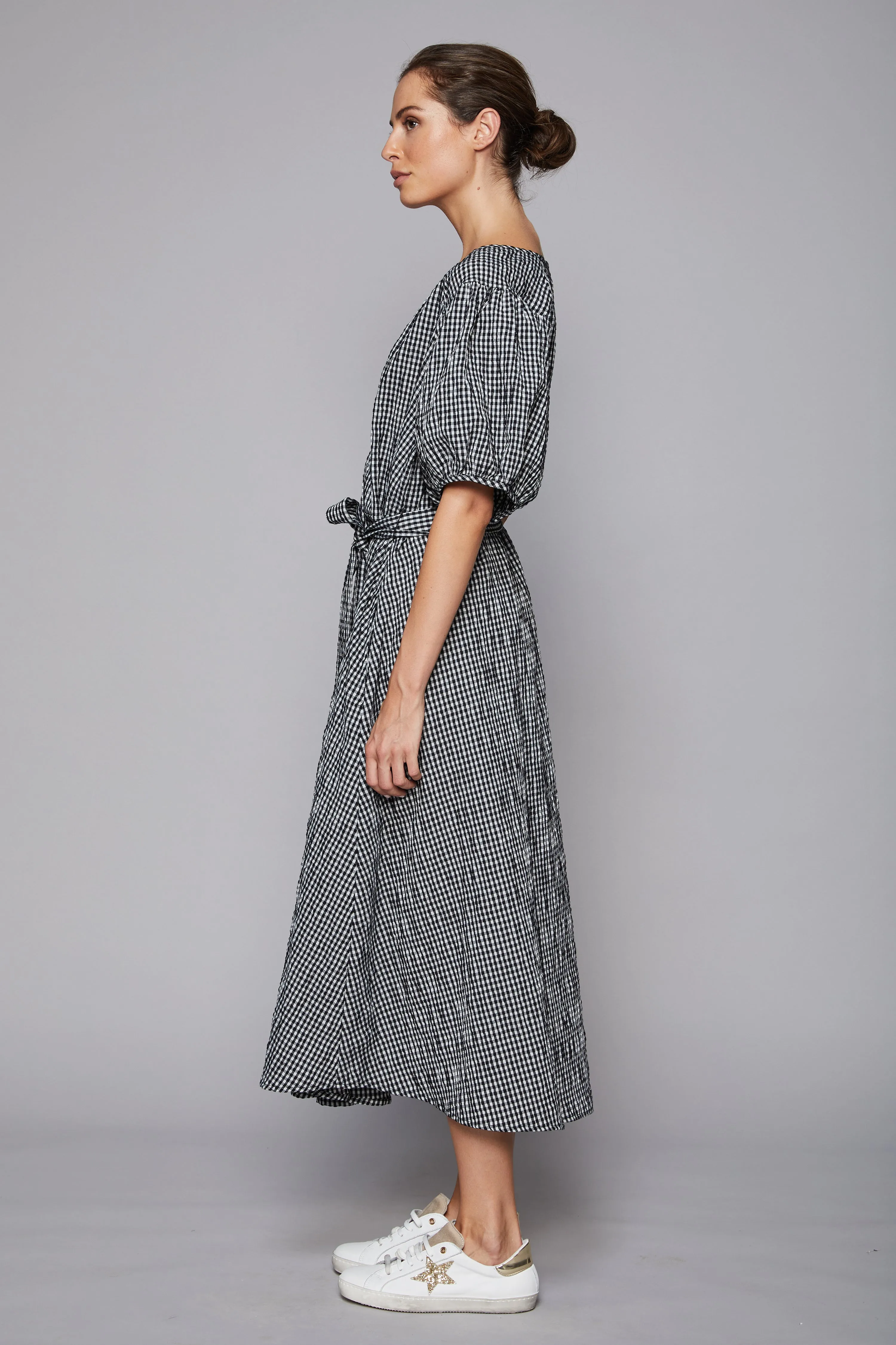 Distill Black Check SS Tie Waist Midi Dress