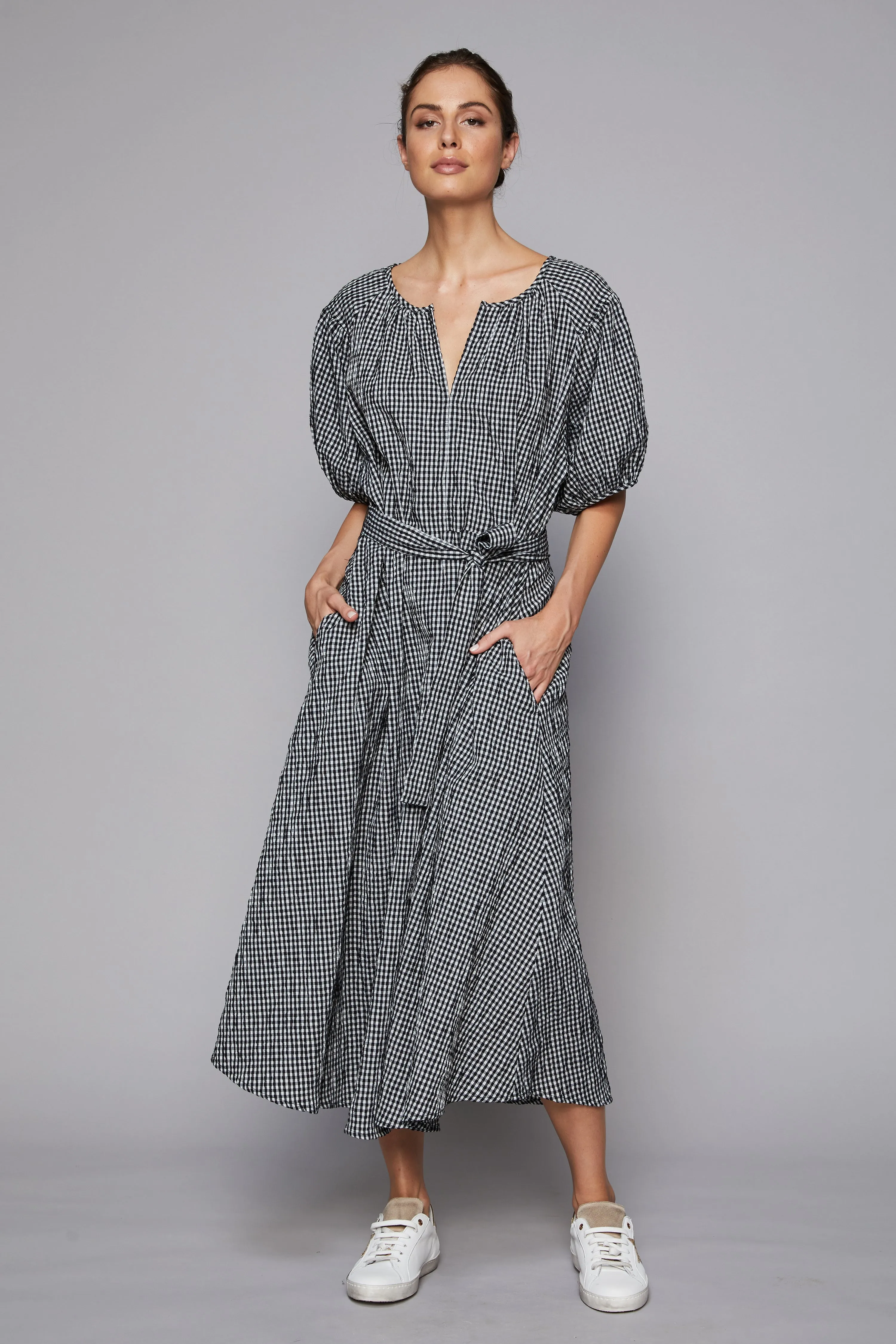 Distill Black Check SS Tie Waist Midi Dress