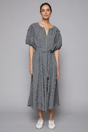 Distill Black Check SS Tie Waist Midi Dress