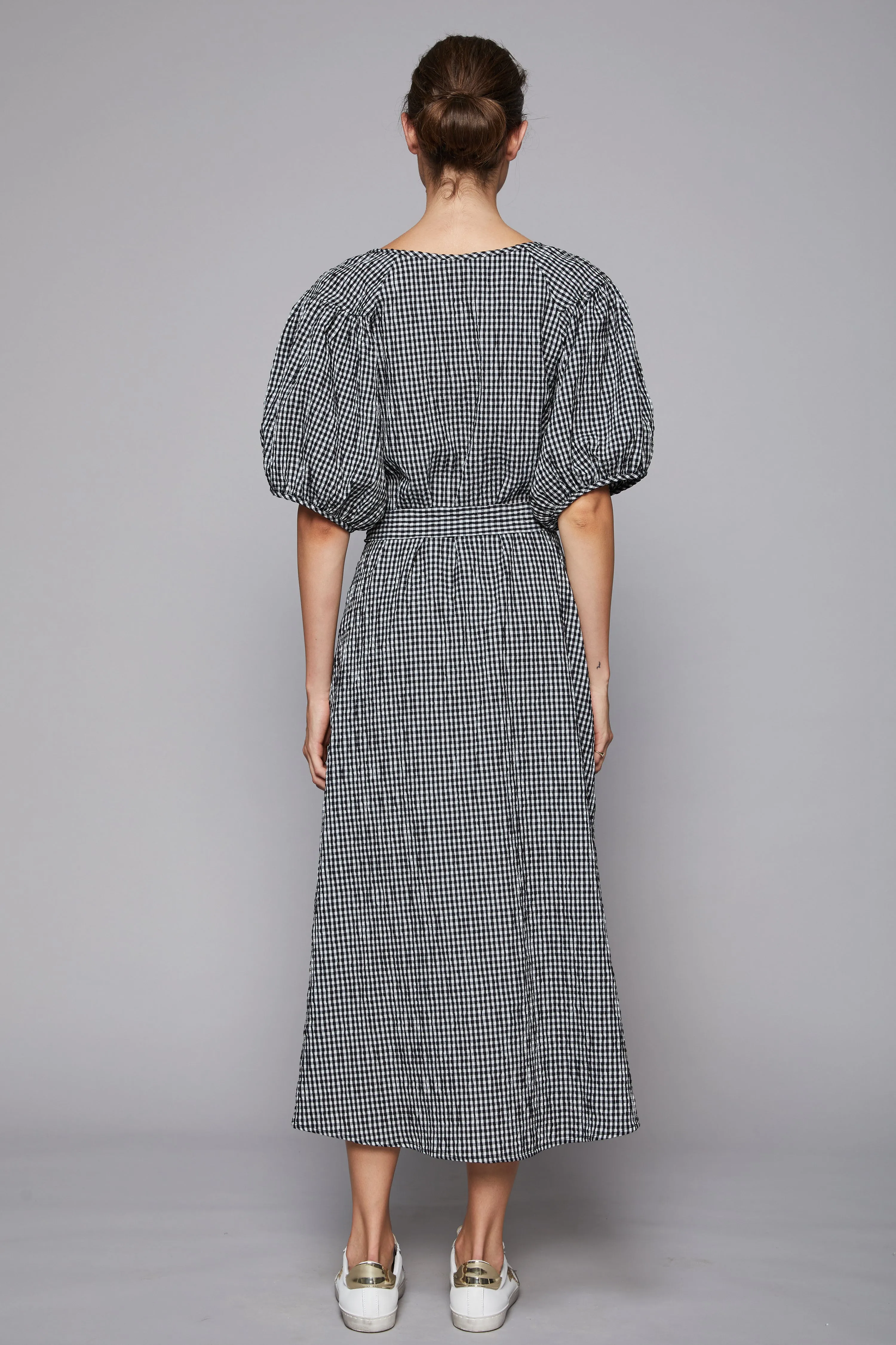 Distill Black Check SS Tie Waist Midi Dress