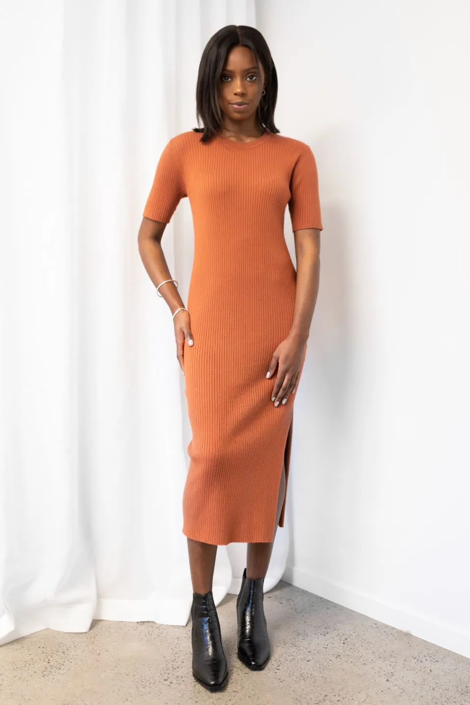 Faith Terracotta Rib Knit Half Sleeve Midi Dress