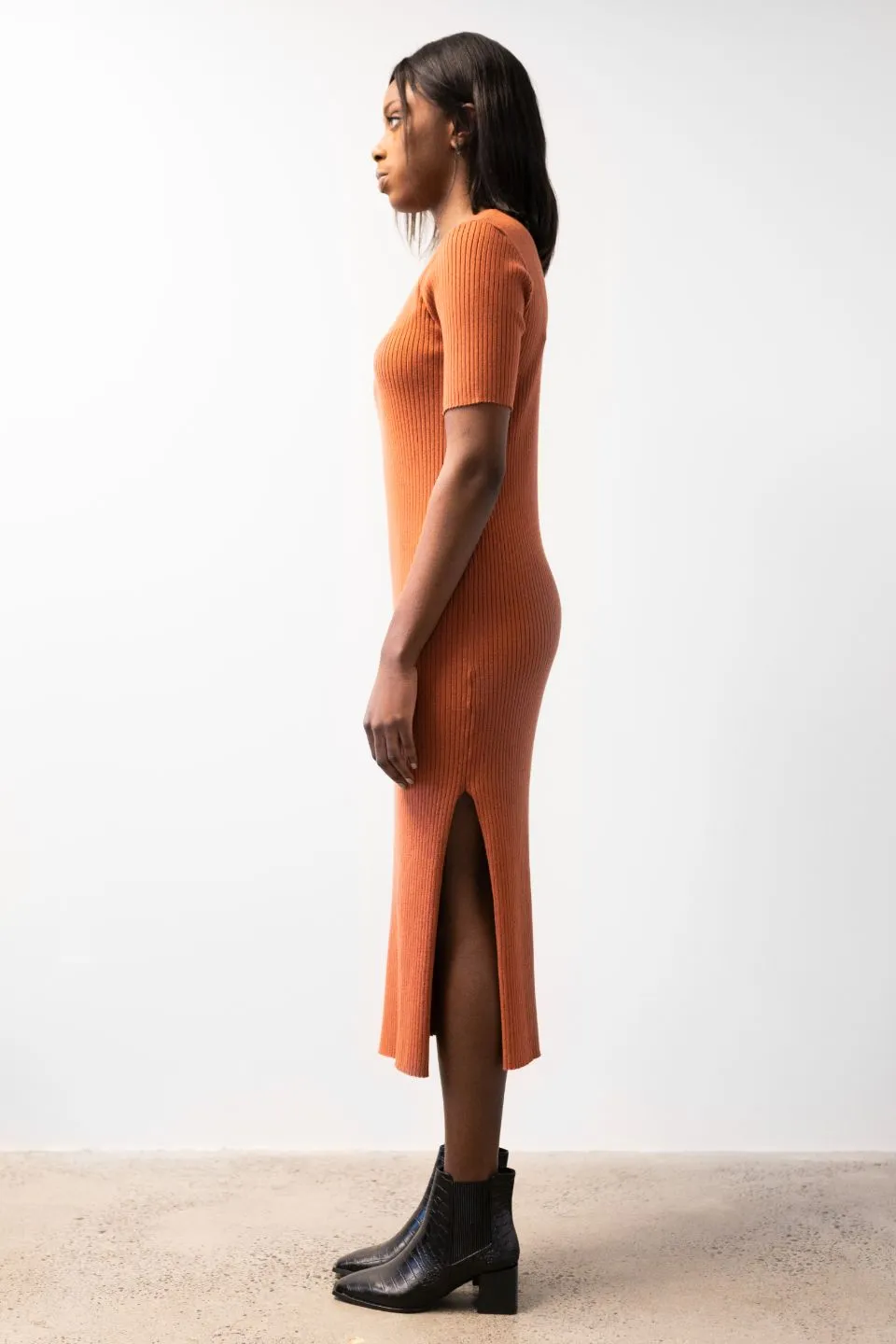 Faith Terracotta Rib Knit Half Sleeve Midi Dress