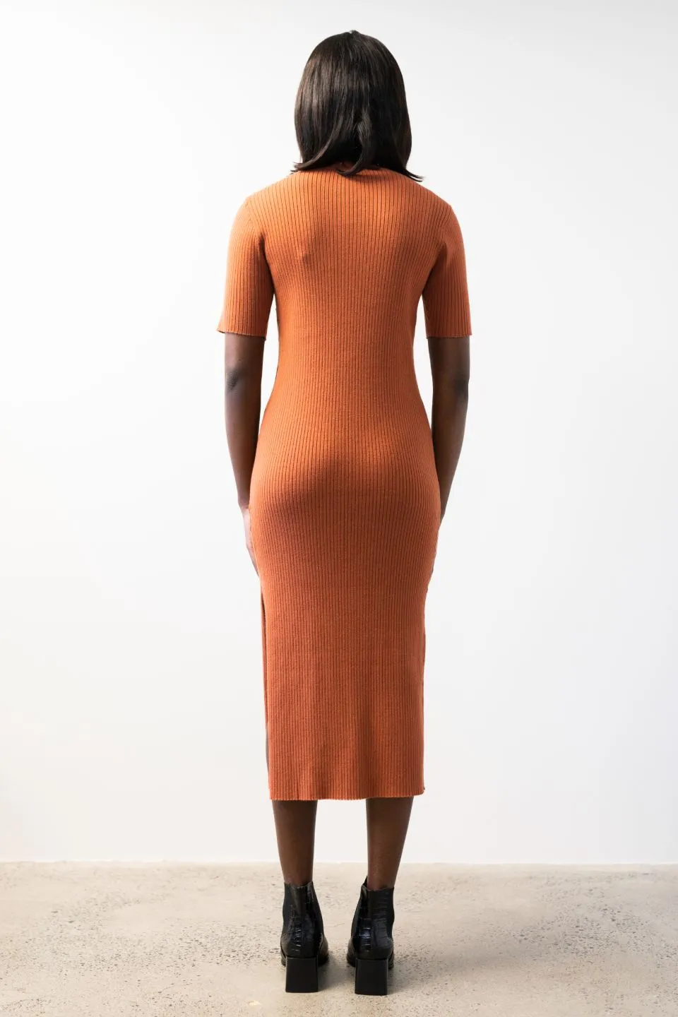 Faith Terracotta Rib Knit Half Sleeve Midi Dress