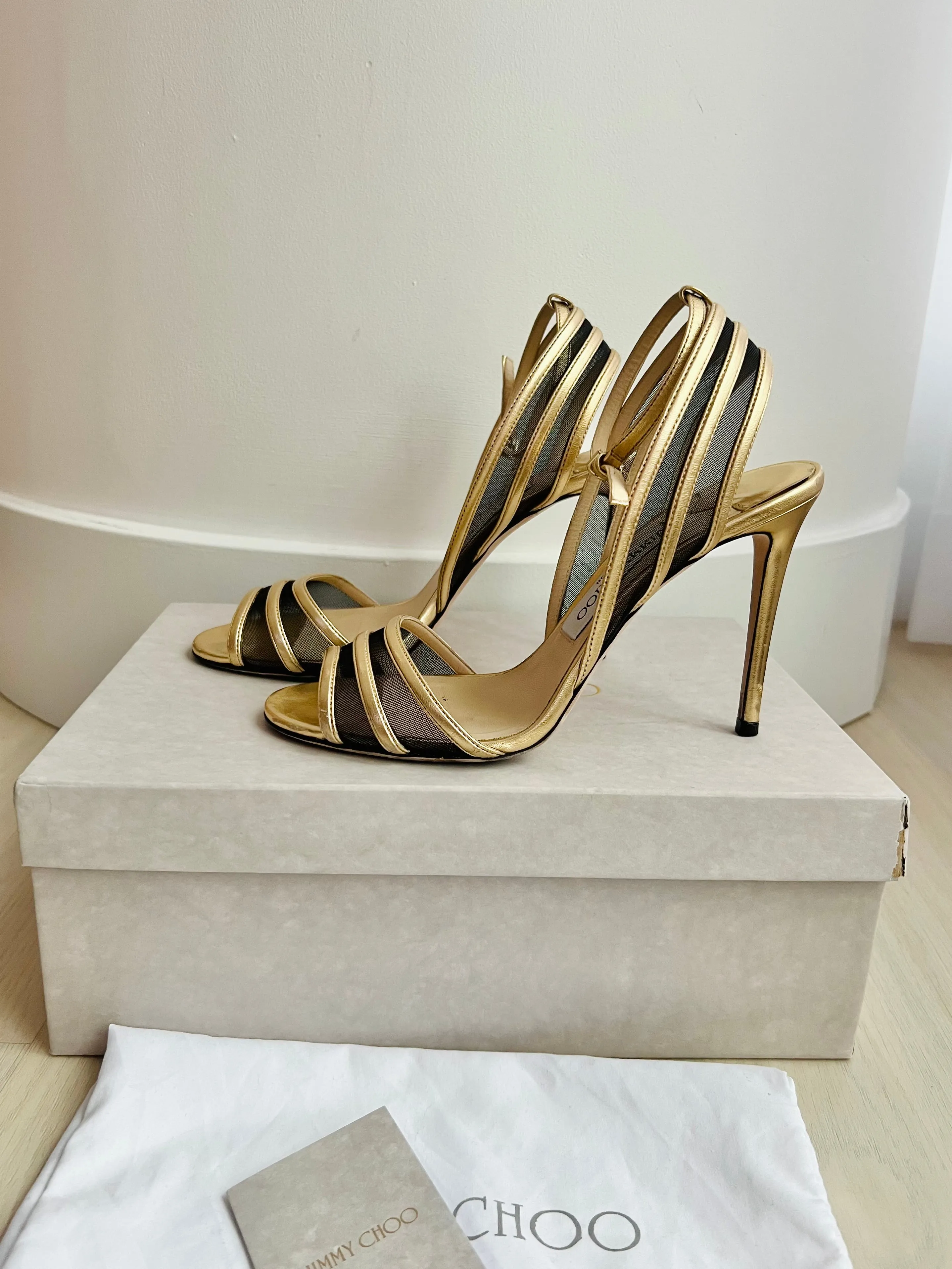 Jimmy Choo Gold Black Mesh Heels