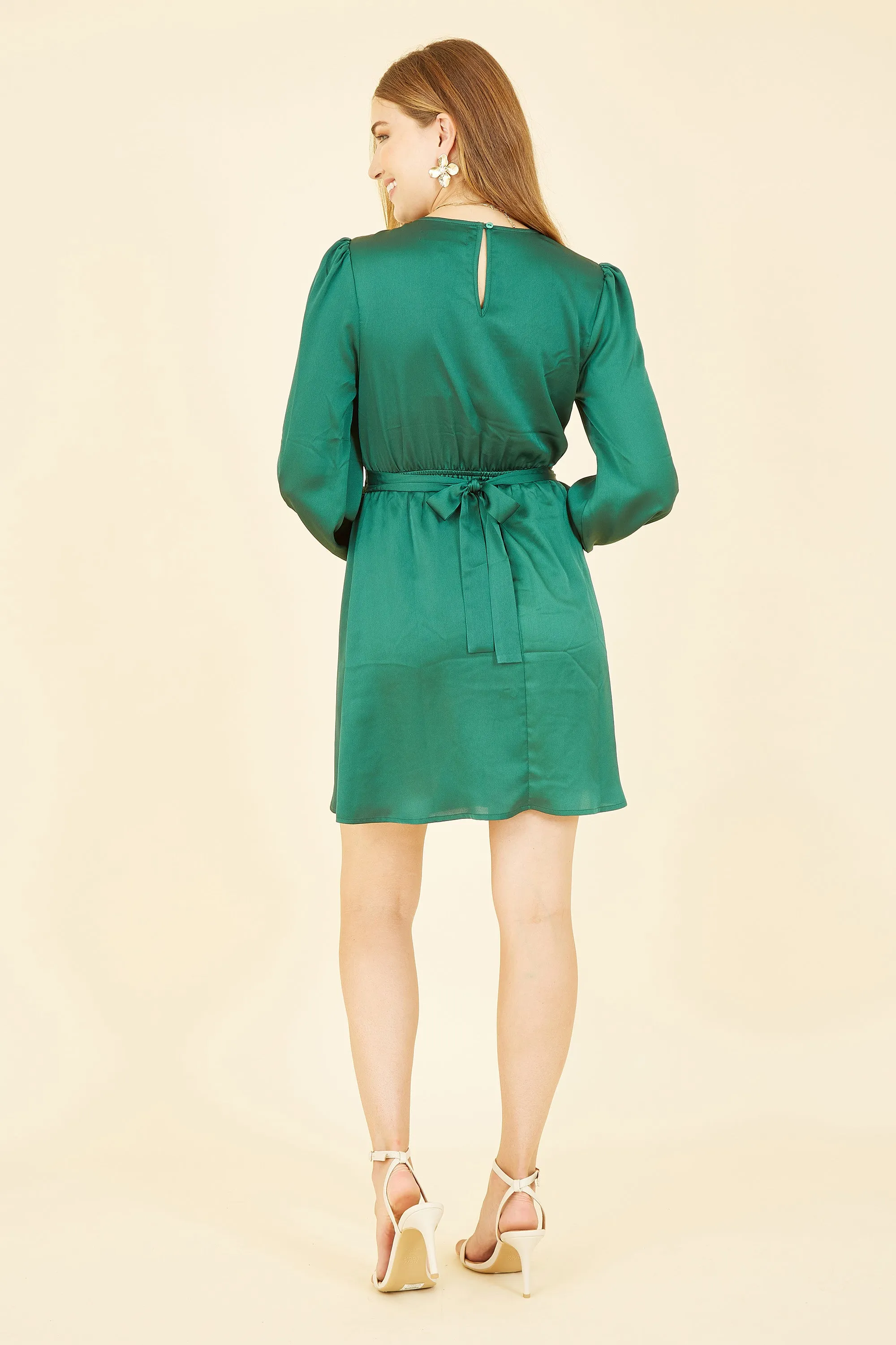 Mela London Green Satin Wrap Dress With Long Sleeves