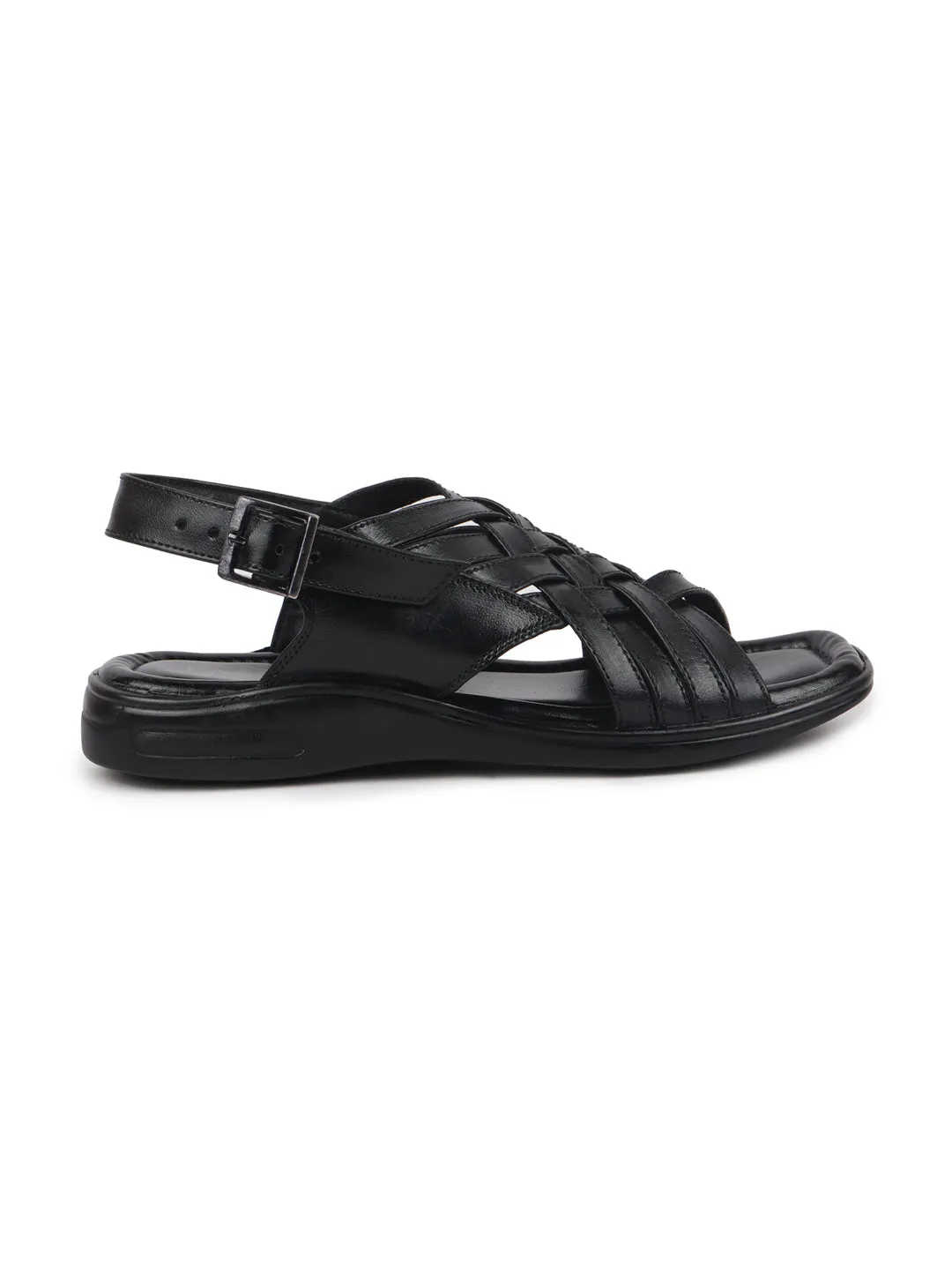 Men Black Buckle Criss Cross Strap Leather Sandals