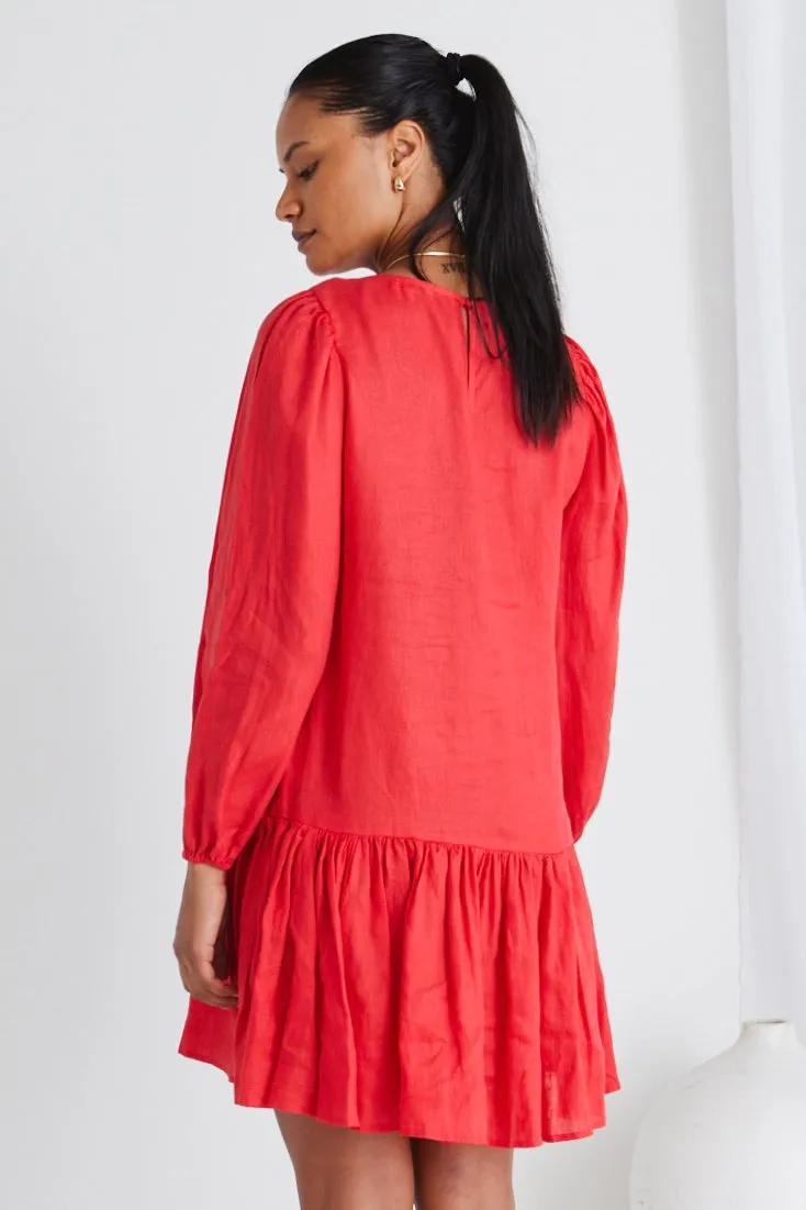 Rhea Coral Linen Drop Waist Smock Mini Dress