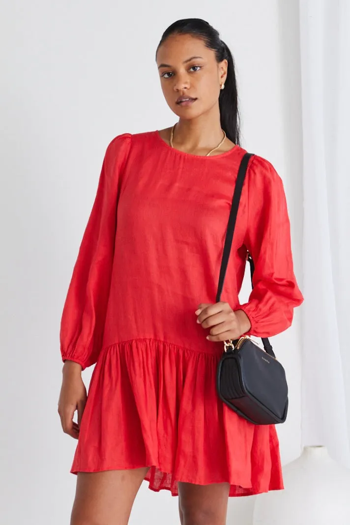 Rhea Coral Linen Drop Waist Smock Mini Dress